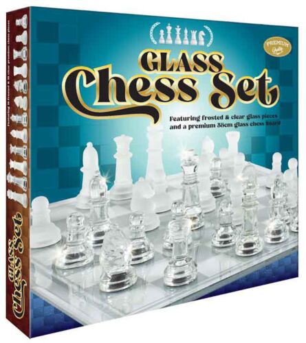 Classic Glass Chess Set Frosted and Clear Glass Pieces With 35cm Glass Board 
