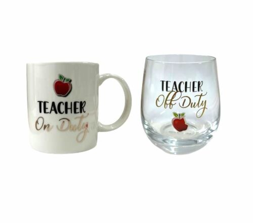 Teacher On/Off Duty Double Glass Set Coffee Mug & Stemless Wine Glass Gift Set In Box