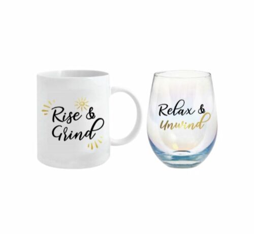 Rise & Grind Relax & Unwind Double Glass Set Coffee Mug & Stemless Wine Glass Gift Set In Box