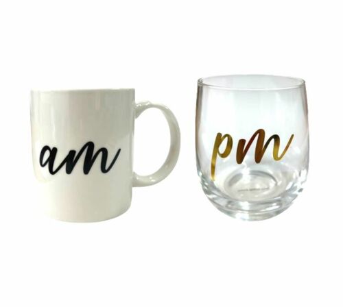AM/PM Morning Coffee Evening Beverages Double Glass Set Coffee Mug & Stemless Wine Glass Gift Set In Box