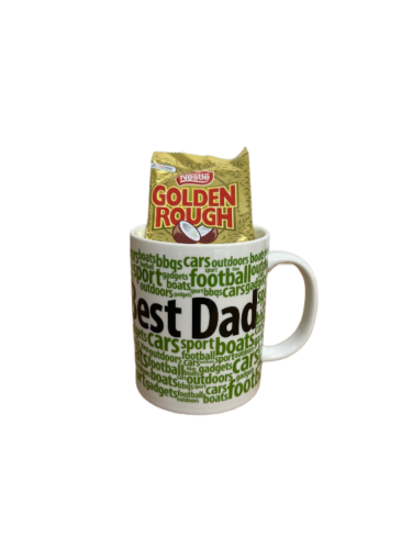 Worlds Best Dad Green Word Background Ceramic Coffee Tea Mug Cup + 14 x Nestle Golden Rough 20g Chocolate Bar