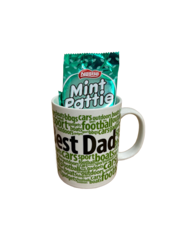 Worlds Best Dad Green Word Background Ceramic Coffee Tea Mug Cup + 14 x Nestle Mint Pattie 20g Chocolate Bar