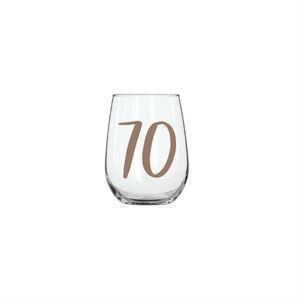 70th Birthday Rainbow 600ml Stemless Wine Glass With Rose Gold Lettering