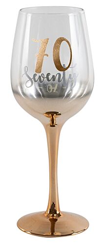 70th Seventieth Birthday Rose Gold Ombre 430ml Wine Glass With Gold Lettering Seventy 