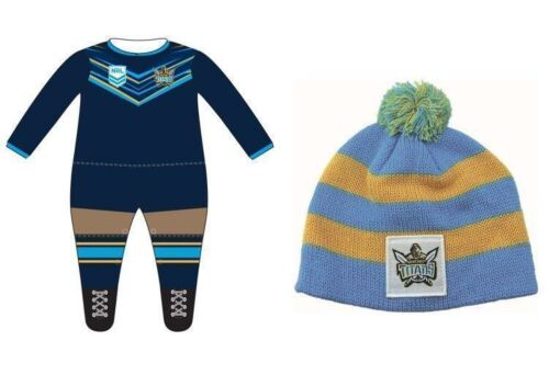 Set of 2 Gold Coast Titans NRL Team Logo Long Sleeve Full Footy Suit Footysuit Onesie Baby Toddler + Striped Baby Beanie