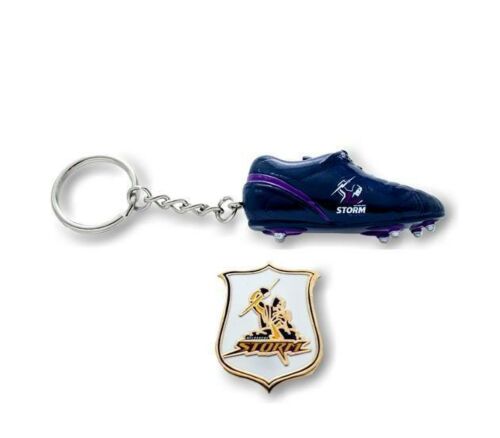 Set of 2 Melbourne Storm NRL Team Heritage Logo Collectable Lapel Hat Tie Pin Badge & Resin Boot Key Ring Keyring