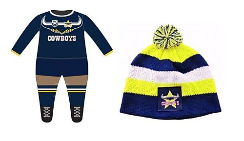 Set of 2 North Queensland Cowboys NRL Team Logo Long Sleeve Full Footy Suit Footysuit Onesie Baby Toddler + Striped Baby Beanie