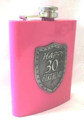 30th Birthday Pink 150ml Hip Flask With Badge In Gift Box
