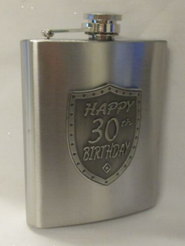 30th Birthday Silver 150ml Hip Flask With Badge In Gift Box