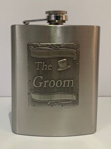The Groom Silver 150ml Hip Flask With Badge In Gift Box