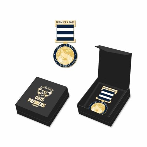 Geelong Cats 2022 AFL Premiers Boxed Medal With Ribbon Pin Badge In Box