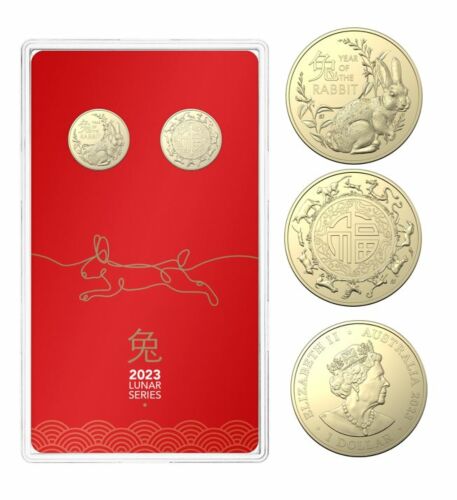 2023 $1 Year of the Rabbit Lunar Series AlBr Uncirculated Two Coin Set Royal Australian Mint RAM