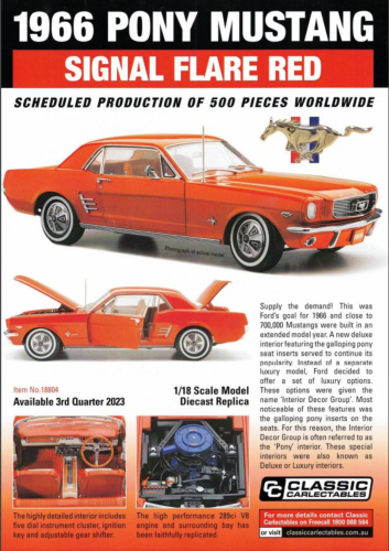 PRE ORDER $50 DEPOSIT - 1966 Ford Pony Mustang Signal Flare Red 1:18 Scale Model Car (FULL PRICE - $299.00)