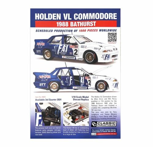 PRE ORDER $50 DEPOSIT -  1988 Bathurst 1000 Allan Grice / Win Percy #2 Holden VL Commodore Group A SV 1:18 Scale Die Cast Model Car (FULL PRICE - $299.00)