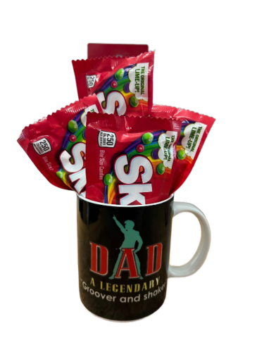 Dad A Legendary Groover And Shaker Dancing Ceramic Coffee Mug + 4 x Skittles Original 61.5g Bag