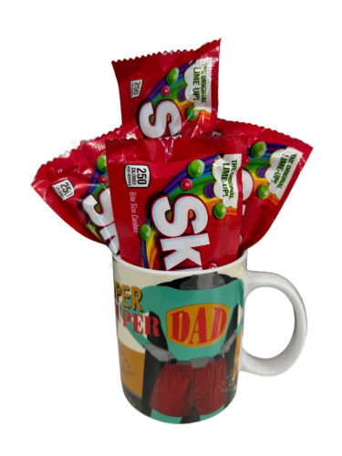 Super Duper Dad Skills Ranking Best in the World Hero Ceramic Coffee Mug + 4 x Skittles Original 61.5g Bag