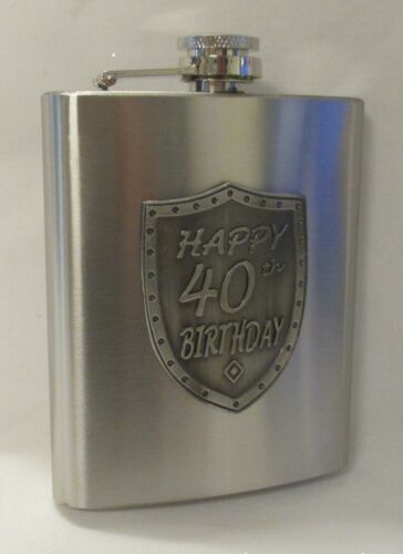 40th Birthday Silver 150ml Hip Flask With Badge In Gift Box