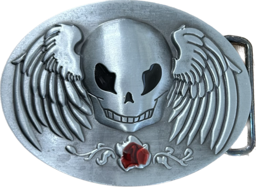 Skull Wings with Red Rose Oval Silver Belt Buckle