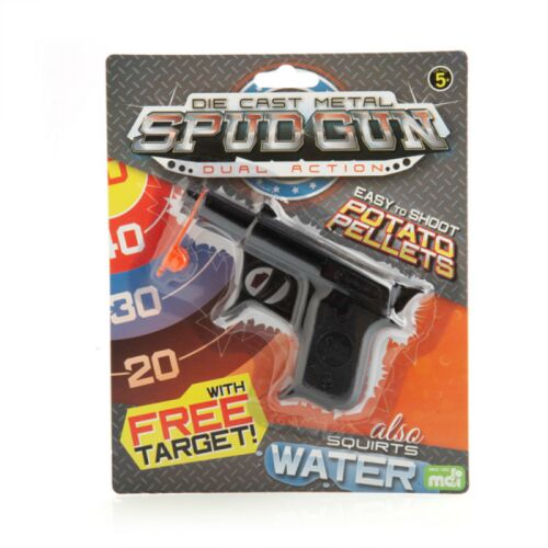 Die Cast Metal Spud Gun Potato Shooter Dual Action Easy to Shoot Pellets Also Squirts Water Novelty Toy