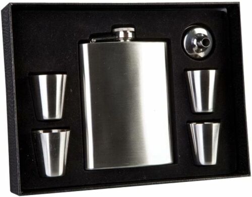Stainless Steel Flask Set With 4 Shot Glasses in Gift Box