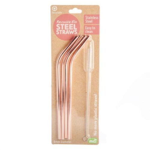 Rose Gold Reusable Metallic Eco Straws Stainless Steel Set Of 4 With Cleaner Brush