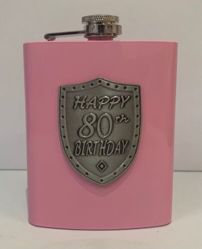 80th Pink Hip Flask With Badge Alcohol Gift Idea Birthday
