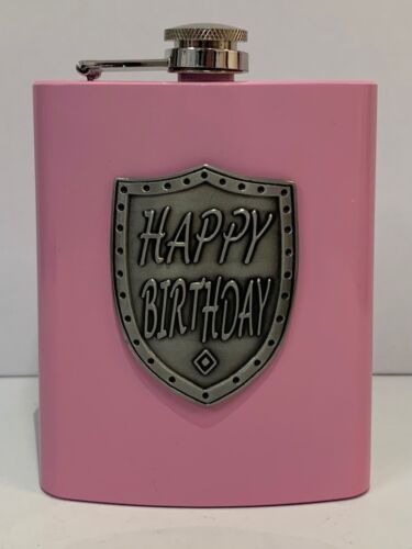 Happy Birthday Pink Hip Flask With Badge Alcohol Gift Idea Birthday