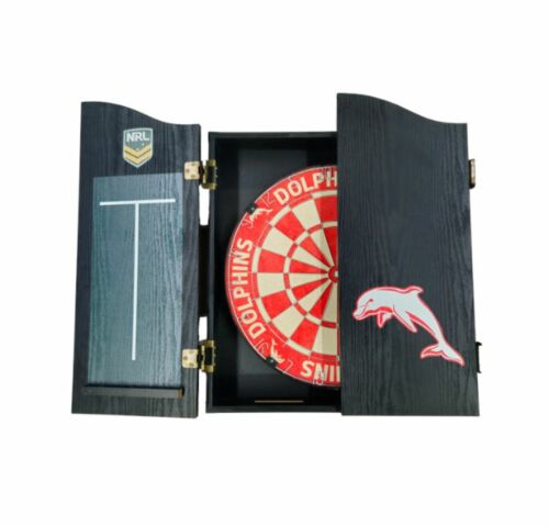 Dolphins NRL Team Logo Bristle Dartboard and Wooden Cabinet Dart Board 