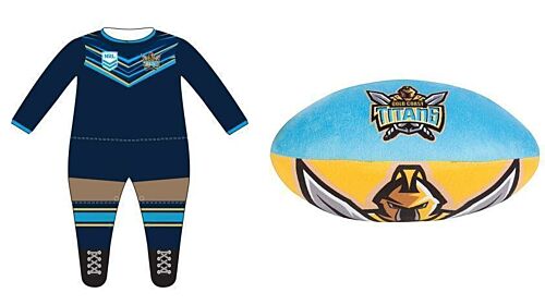 Set of 2 Gold Coast Titans NRL Team Logo Long Sleeve Full Footy Suit Footysuit Onesie Baby Toddler + Plush Football