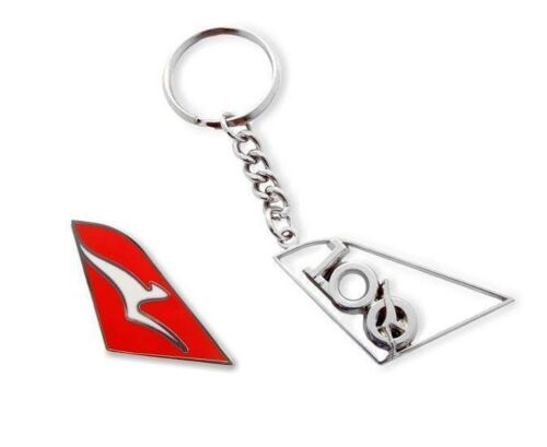 Set Of 2 Qantas Australia Tail Fin Logo Pin & Silver 100 Years Cut Out Keyring Key Ring Aviation Airline Kangaroo 