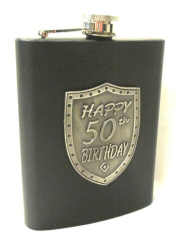 50th Birthday Black 150ml Hip Flask With Badge In Gift Box