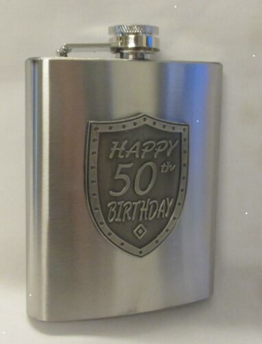 50th Birthday Silver 150ml Hip Flask With Badge In Gift Box