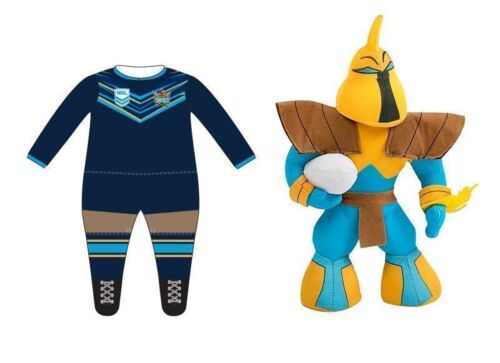 Set of 2 Gold Coast Titans NRL Team Logo Long Sleeve Full Footy Suit Footysuit Onesie Baby Toddler + Plush Mascot Toy