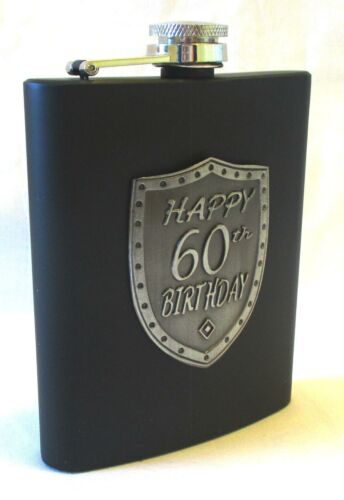 60th Birthday Black 150ml Hip Flask With Badge In Gift Box