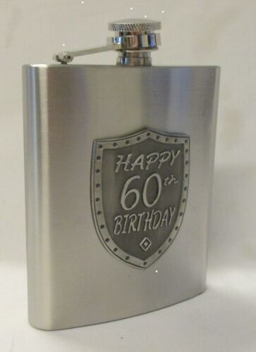 60th Birthday Silver 150ml Hip Flask With Badge In Gift Box