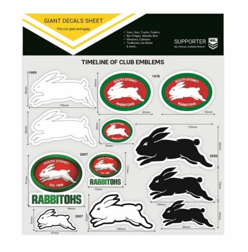 South Sydney Rabbitohs NRL Team Timeline of Club Logo Emblems Giant Decals Sticker Sheet