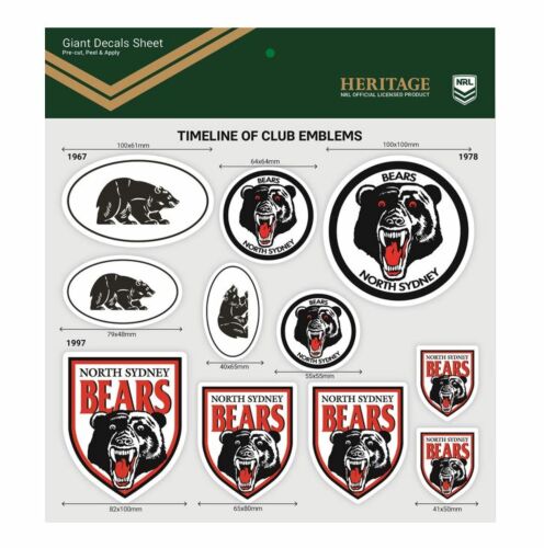 North Sydney Bears NRL Heritage Timeline of Club Logo Emblems Giant Decals Sticker Sheet