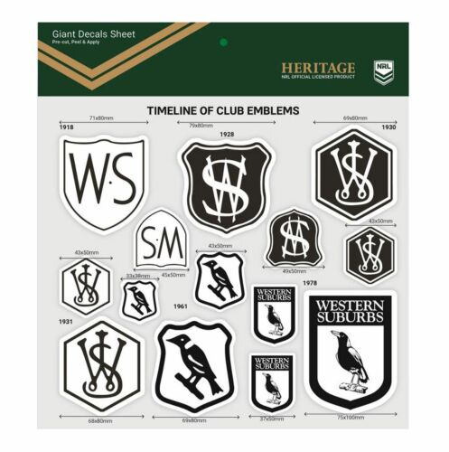 Western Suburbs Magpies NRL Heritage Timeline of Club Logo Emblems Giant Decals Sticker Sheet