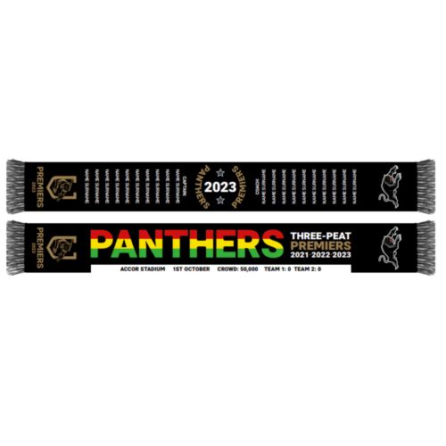 Penrith Panthers 2023 NRL Three-Peat Premiers Back To Back To Back Adult Scarf Team Names Score Ground