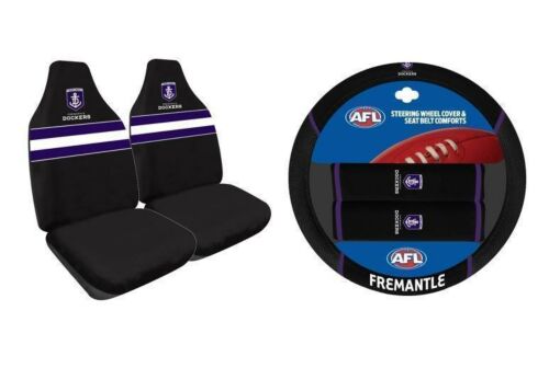 Set Of 2 Fremantle Dockers AFL Car Seat Covers & Steering Wheel 