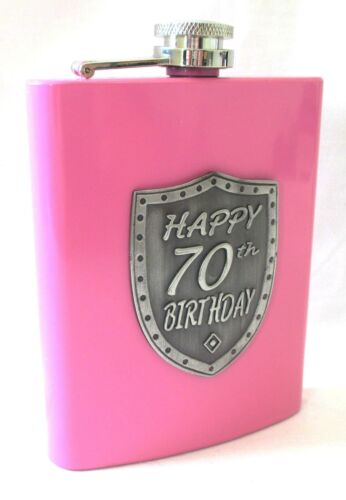 70th Birthday Pink 150ml Hip Flask With Badge In Gift Box
