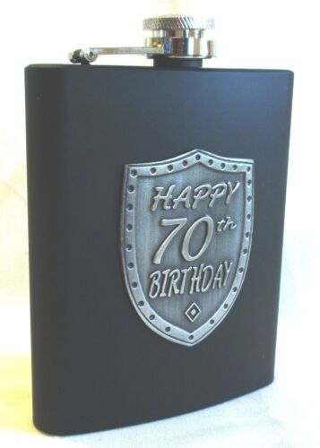 70th Birthday Black 150ml Hip Flask With Badge In Gift Box