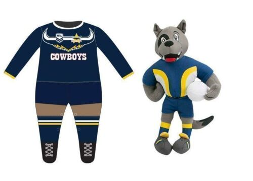 Set of 2 North Queensland Cowboys NRL Team Logo Long Sleeve Full Footy Suit Footysuit Onesie Baby Toddler + Plush Mascot Toy