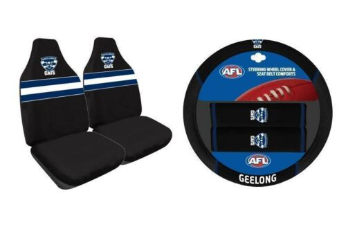 Set Of 2 Geelong Cats AFL Car Seat Covers & Steering Wheel 
