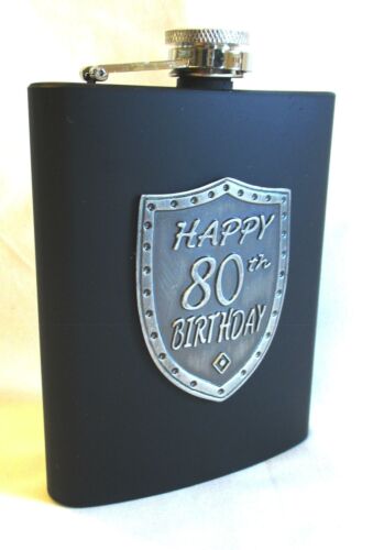 80th Birthday Black 150ml Hip Flask With Badge In Gift Box