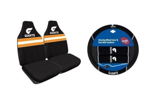 Set Of 2 GWS Greater Western Sydney Giants AFL Car Seat Covers & Steering Wheel 