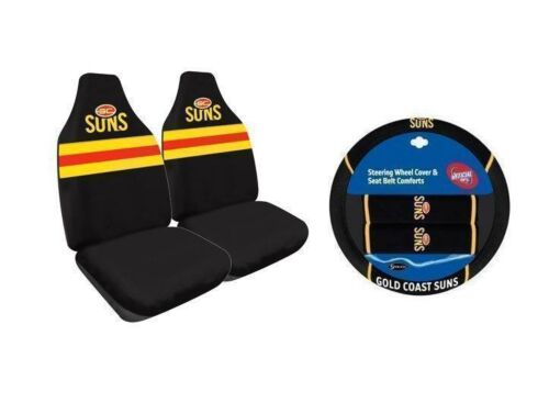 Set Of 2 Gold Coast Suns AFL Car Seat Covers & Steering Wheel 