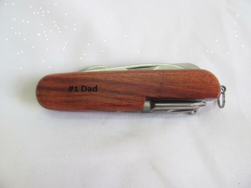 #1 Dad  Name Personalised Wooden Pocket Knife Multi Tool With 10 Tools / Accessories