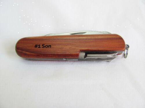 #1 Son  Name Personalised Wooden Pocket Knife Multi Tool With 10 Tools / Accessories