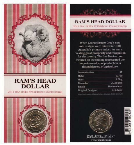 2011 Ram's Head Dollar One Dollar $1 "B" Brisbane Counterstamp Australian Merino Ram Agriculture Coin
